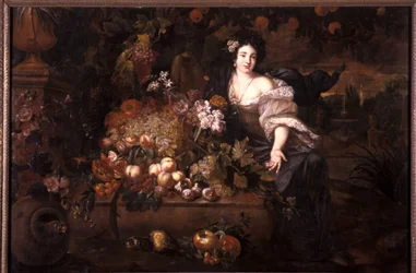 Stillleben in einer Landschaft mit einer weiblichen Figur